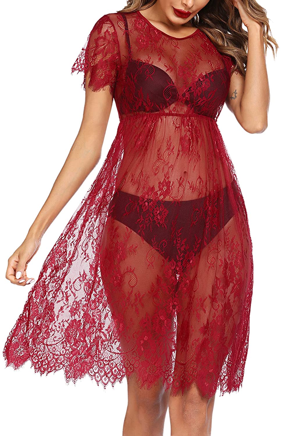 Price:$13.98 Womens Swim Cover Up Lace Beach Dress Sexy Sheer Long Nighty Wine Red at Amazon Women’s Clothing store