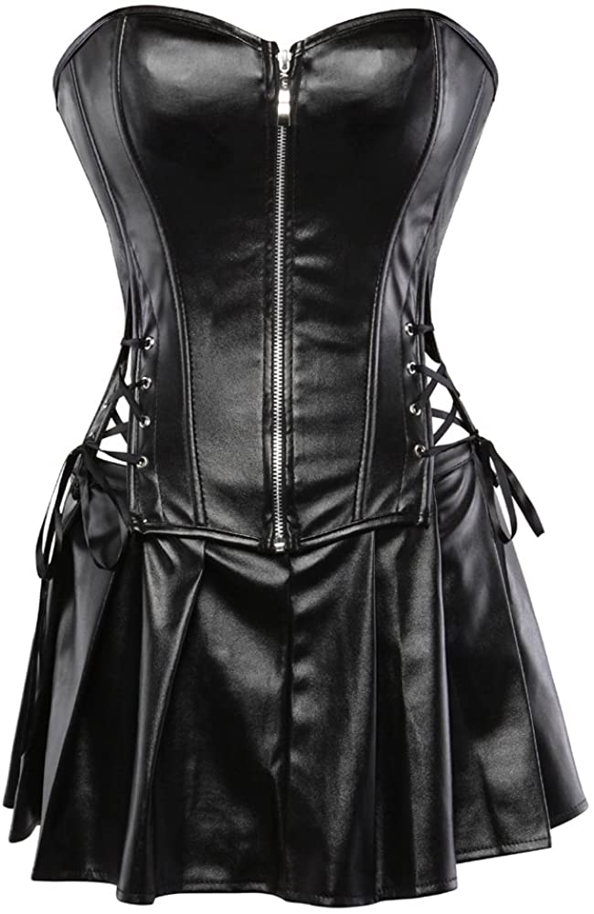 Price:$21.99 Punk Rock Faux Leather Corset with Skirt Retro Goth Waist Cincher Basque Bustier: Clothing, Shoes & Jewelry