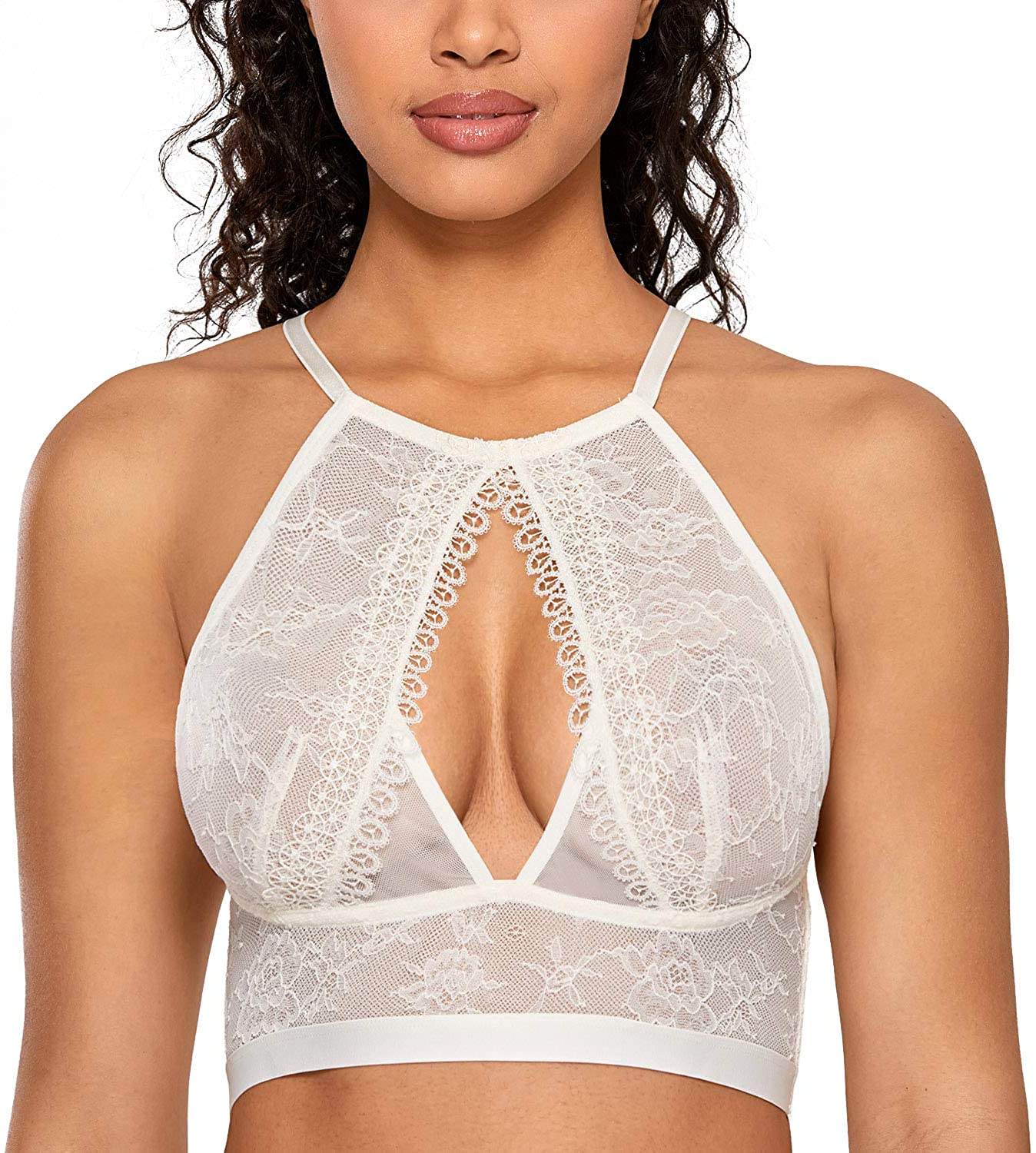 Price:$19.95 Women's Lace Bralette Halter High Neck Racerback Wireless Sexy See Through Bra at Amazon Women’s Clothing store