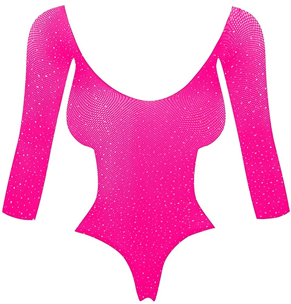 Price:$14.79 Sparkle Rhinestone Fishnet Bikini Long Sleeve Teddy Lingerie Bodysuit Perspective Hollow Out (Rose Red): Clothing, Shoes & Jewelry