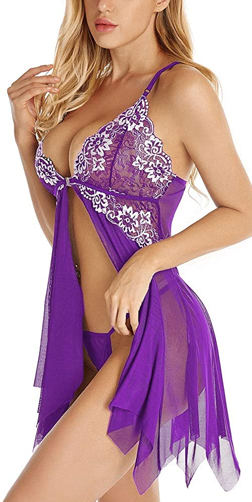 Price:$19.99 Lingerie Set Front Closure Babydoll Lace Chemise V Neck Mesh Sleepwear ( Lavender ,S) at Amazon Women’s Clothing store