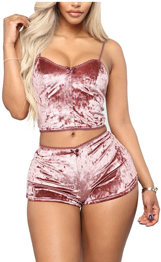Price:$15.77 Velvet Sexy Lingerie Satin Pajama Set, 2PCS Outfits Spaghetti Strap Crop Top and Shorts Pajama for : Clothing, Shoes & Jewelry