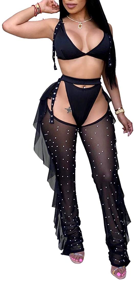Price:$9.99 Beading Pearl See Through Sheer Mesh 2 Pieces Outfits Jumpsuits Crop Top and Hollow Out Ruffle Long Pants : Clothing, Shoes & Jewelry