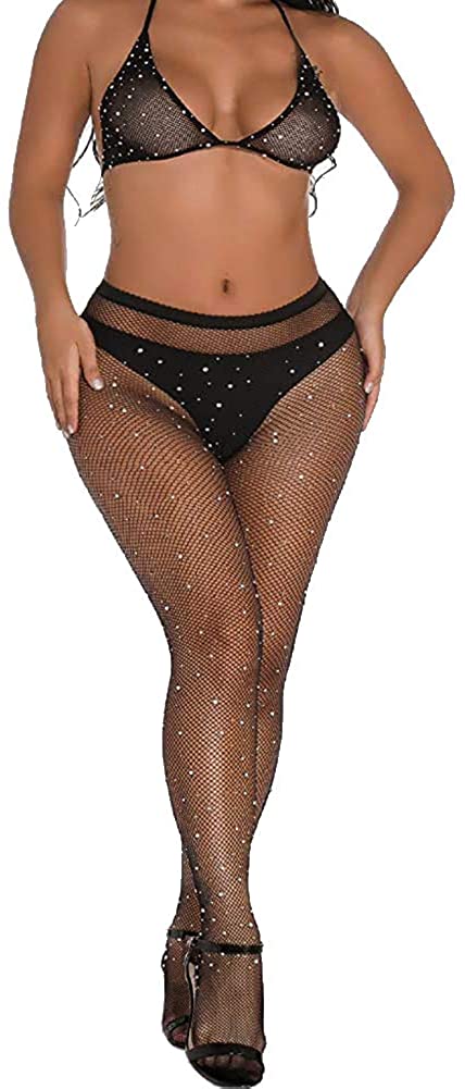 Price:$16.96 Women Halterneck Sheer Bra Sparkle Rhinestone High Waist Fishnet Tights Stocking (Black) at Amazon Women’s Clothing store