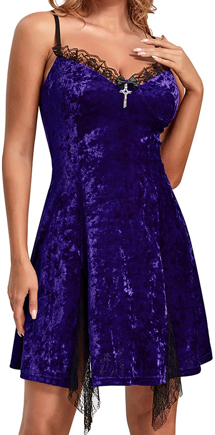 Price:$22.99 V Neck Lace Mini Sleeveless Dress Sexy Velvet Backless Party Club Mini Gothic Vintage Goth Dresses at Amazon Women’s Clothing store