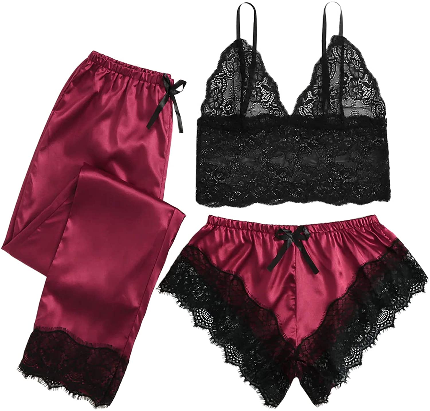 Price:$19.99 Women's Sexy 3 Pieces Pajama Set Lace Bralette with Satin Short and Pant at Amazon Women’s Clothing store