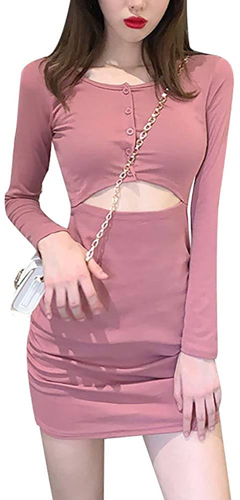 Price:$9.99 Long Sleeve Cut Out Waist Dress Solid Color Front Button Down Bodycon Sexy Mini Dress Casual Night Club Wear (19# Pink) : Clothing, Shoes & Jewelry