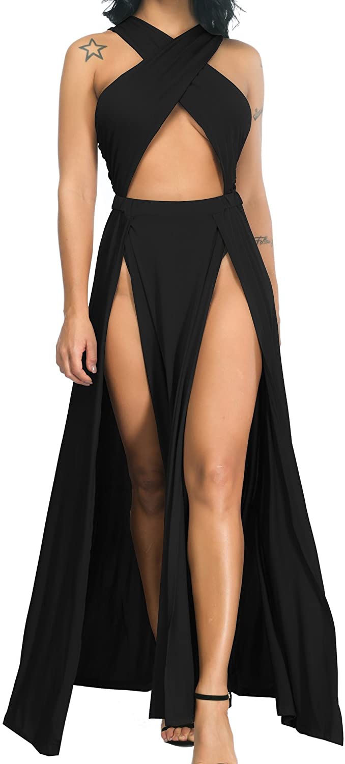 Price:$20.88 Women Sexy Hollow Out Halter Wrap Sleeveless Plain Pleated Slit Casual Long Maxi Dress : Clothing, Shoes & Jewelry