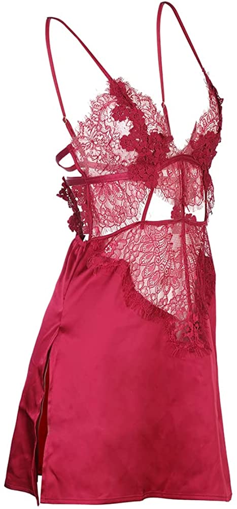Price:$16.88 Lingerie for Women Lace Sheer Babydoll Sexy Satin Slips Chemise Side Slit Mesh Nightdress V Neck Sleepwear at Amazon Women’s Clothing store