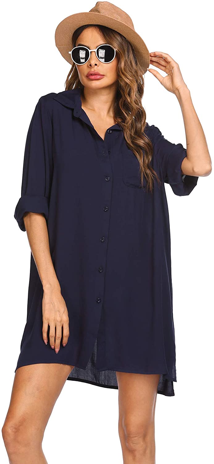 Price:$19.99 Women's Beach Cover Up Long Sleeve Button Down Sleep Shirt Dress Swimsuit Covers at Amazon Women’s Clothing store