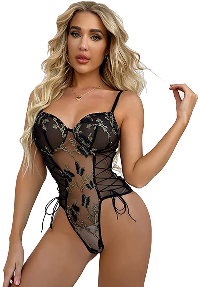 Price:$14.99 Sheer Mesh One Piece Bodysuit Sexy Butterfly Embroidered Lingerie Lace Up Teddy Lingerie Bodysuit : Clothing, Shoes & Jewelry