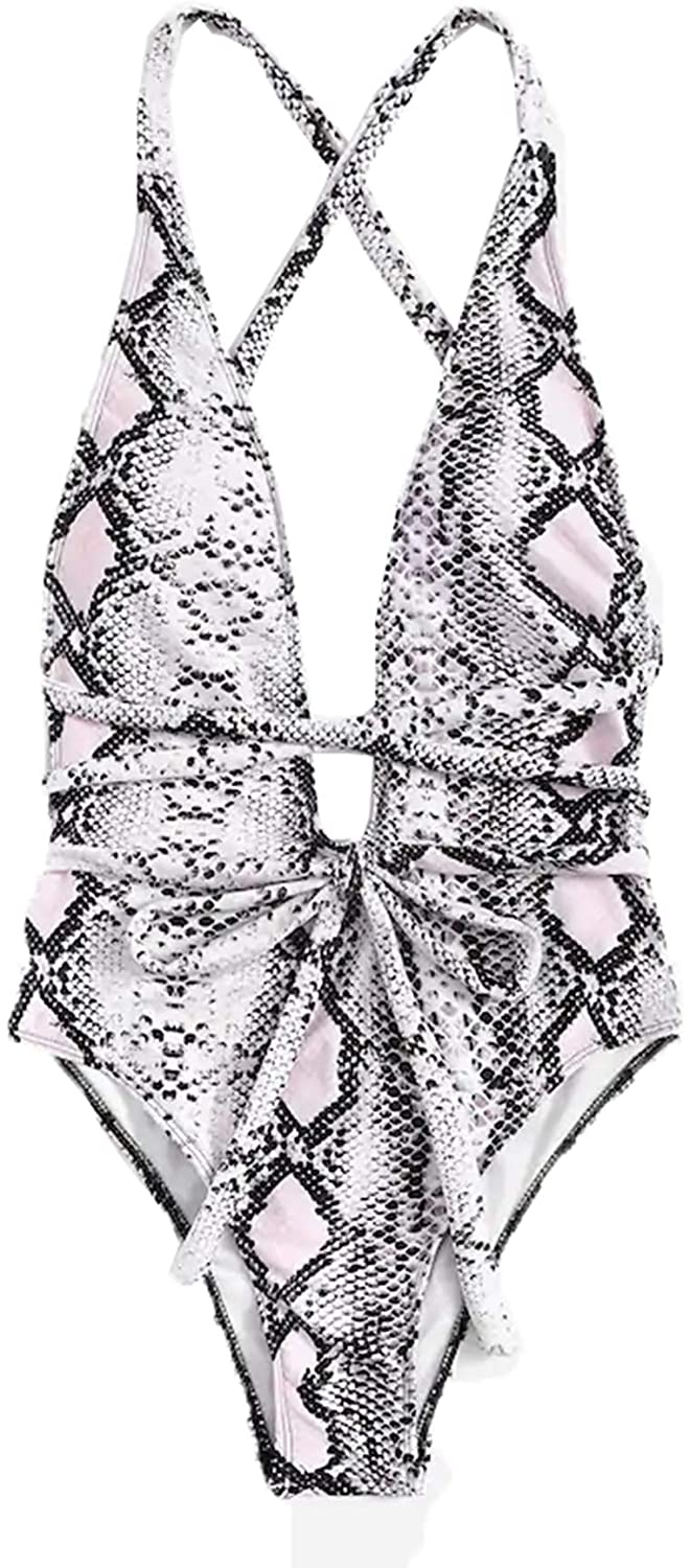 Price:$6.99 Women's Sexy Bathing Suits Criss Cross Tie Knot Front Deep V Open Back Leopard One Piece Swimwear at Amazon Women’s Clothing store