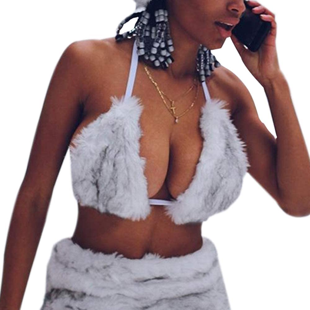 Price:$16.51 Sexy Halter Triangle Bra Fur Lace-up Deep V Bracelet Bra Crop Tops Rave Dance Festival White: Clothing, Shoes & Jewelry
