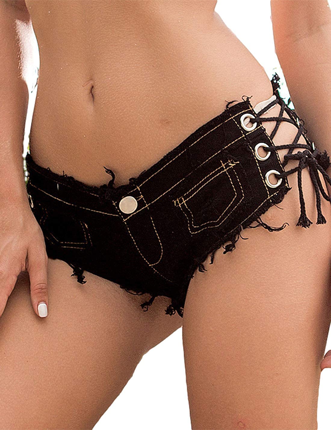 Price:$12.99 Womens Gothic Cut Off Lace Up Low Waist Sexy Booty Micro Hot Shorts at Amazon Women’s Clothing store