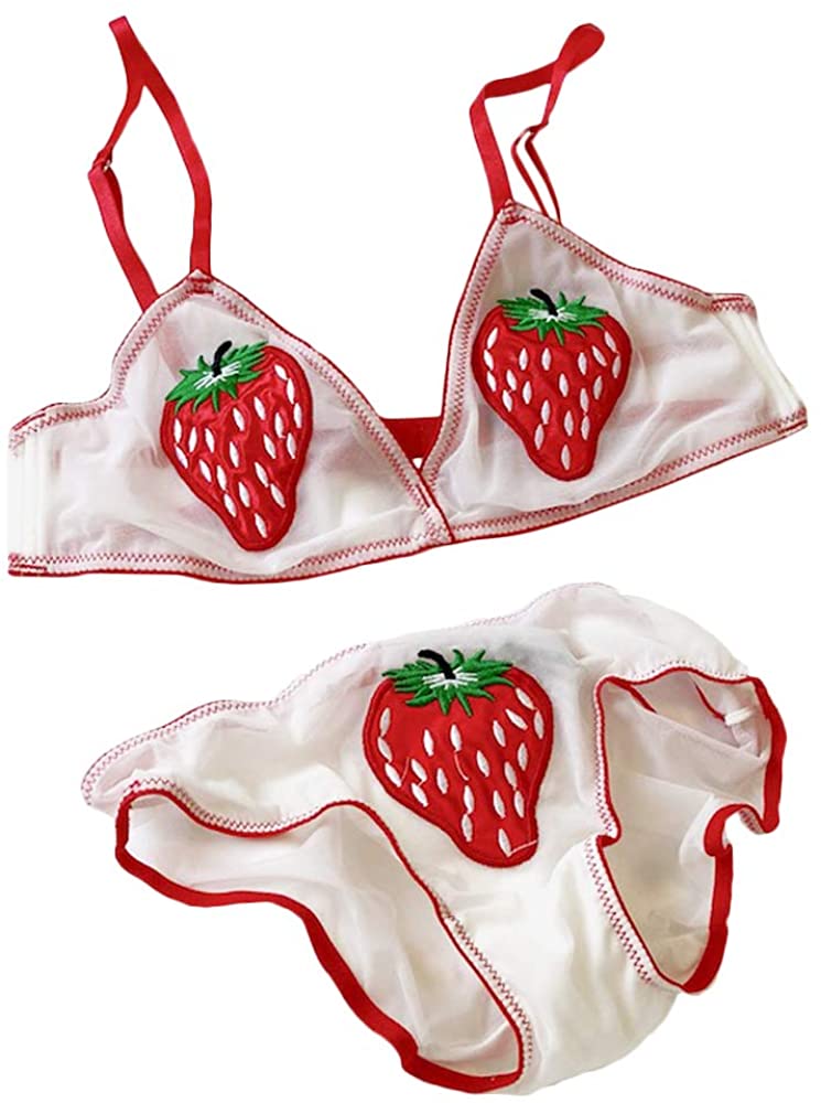 Price:$25.99 Womens Sheer Bra and Panty Set Strawberry Embroidery Lingerie Schoolgirl Wire-Free Bra: Clothing, Shoes & Jewelry