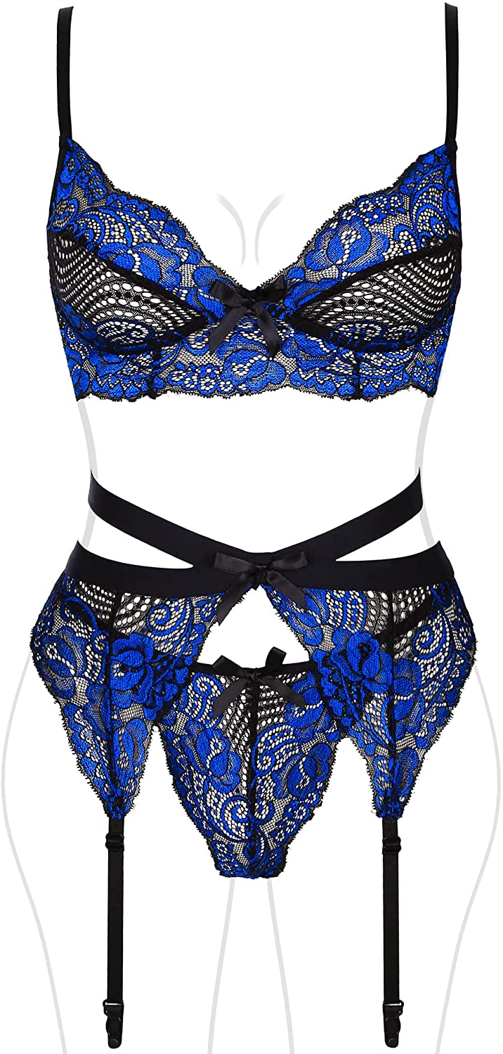 Price:$14.99 Lingerie for Women Lace Bra And Panty Set With Garter Belts 3 Piece Lingerie Set: Clothing, Shoes & Jewelry