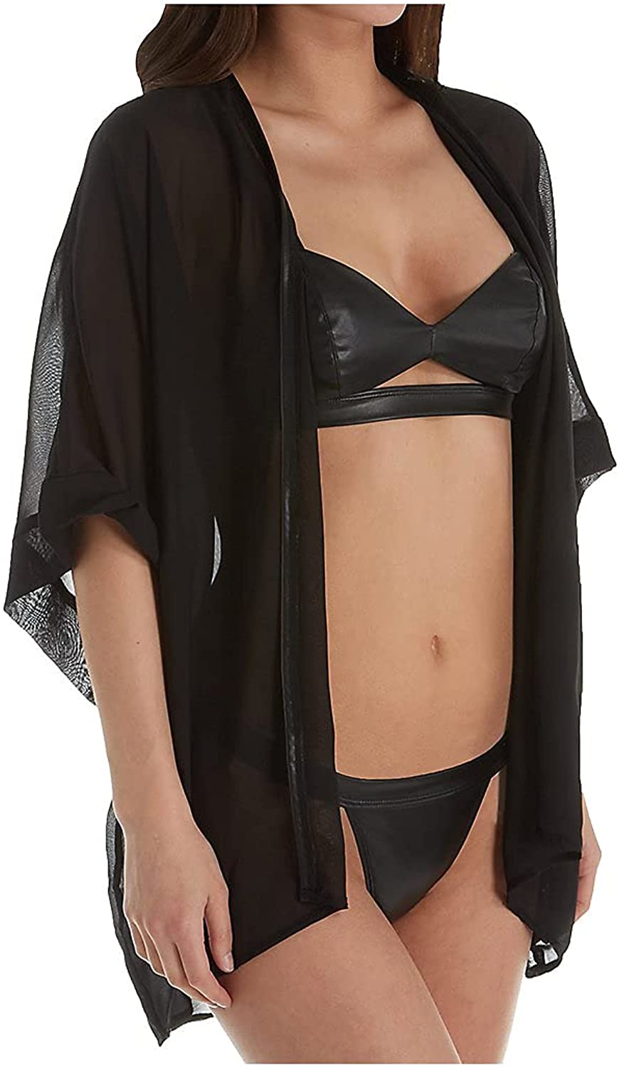 Price:$37.60 womens 3 Piece Set: Chiffon Robe, Faux Leather Bralette and Thong: Clothing, Shoes & Jewelry