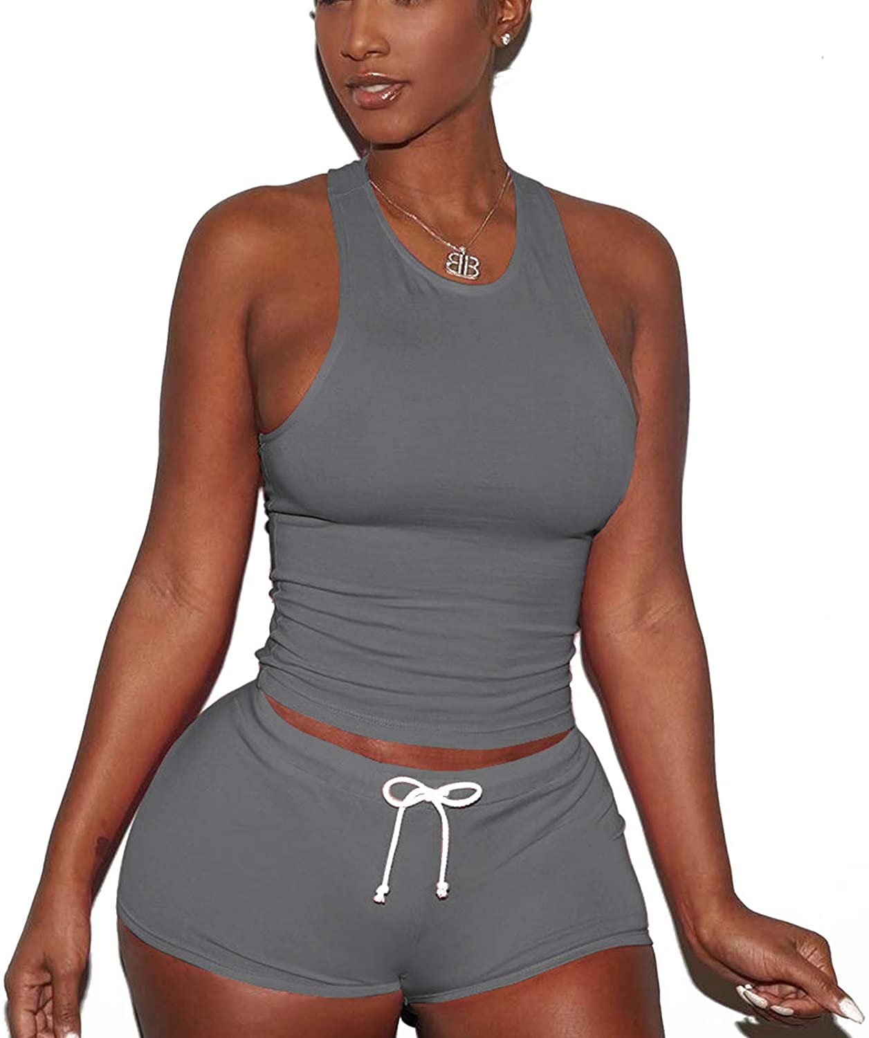 Price:$20.99 Piece Short Set for Women - Crop Sexy Tank Top sleeveless +Skinny Booty Shorts Outfits Tracksuits Biker Jogging Suits at Amazon Women’s Clothing store