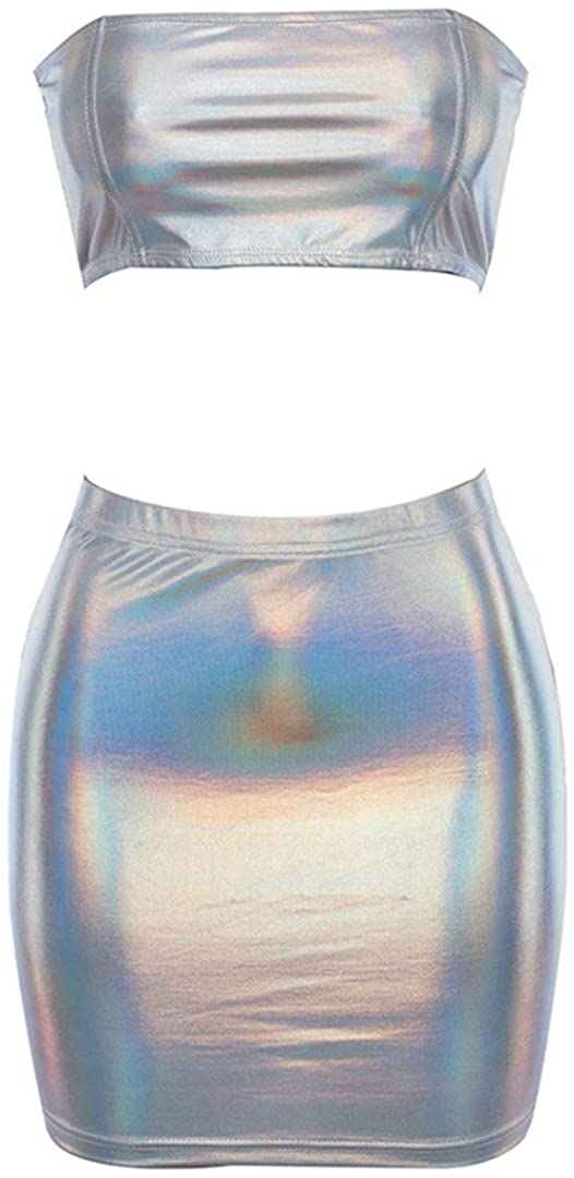 Price:$20.99 Women's Sexy Reflective Two Piece Outfits Crop Tops High Waist Short Mini Skirts Rave Dance Set Party Clubwear, Large at Amazon Women’s Clothing store