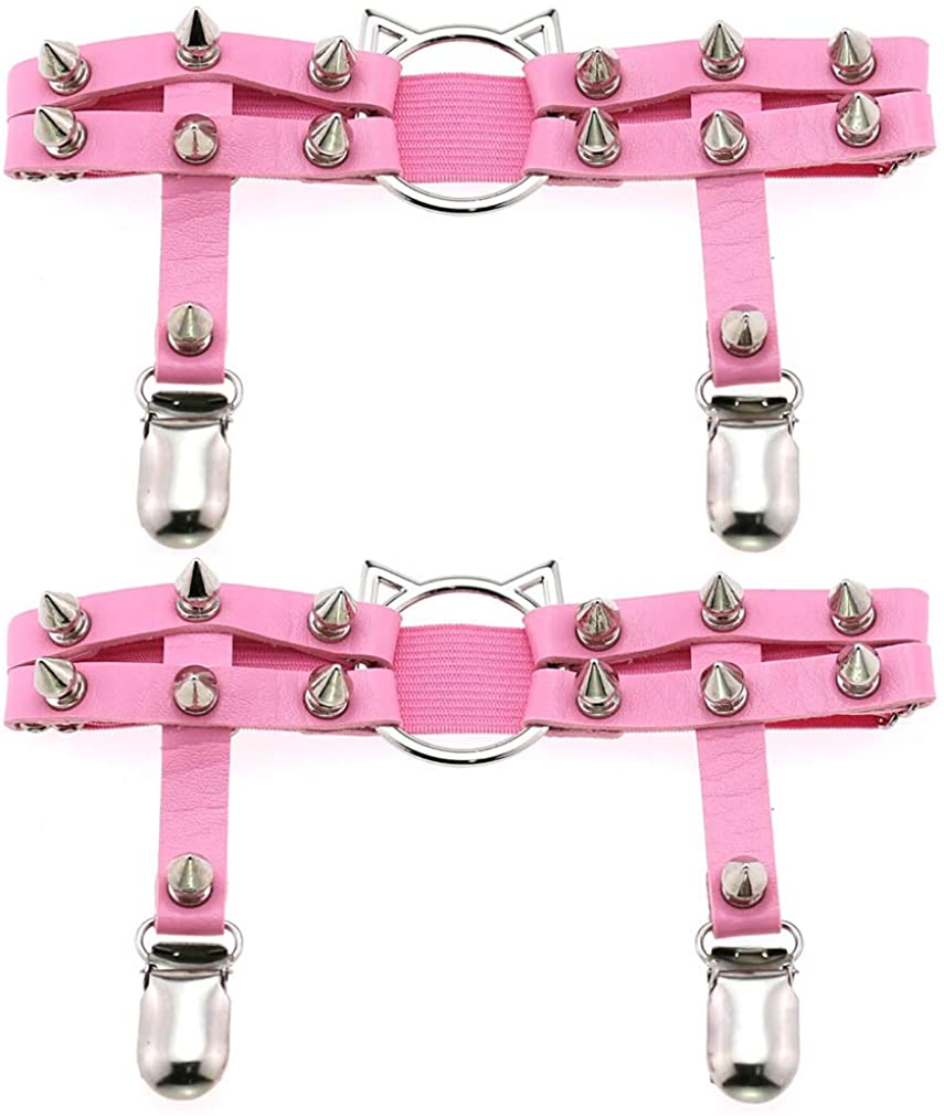 Price:$14.99 Girl Cat Garters Gothic Sexy Punk Rock Rivet Stud Leg Leather Ring Garters 2pcs Pink : Clothing, Shoes & Jewelry