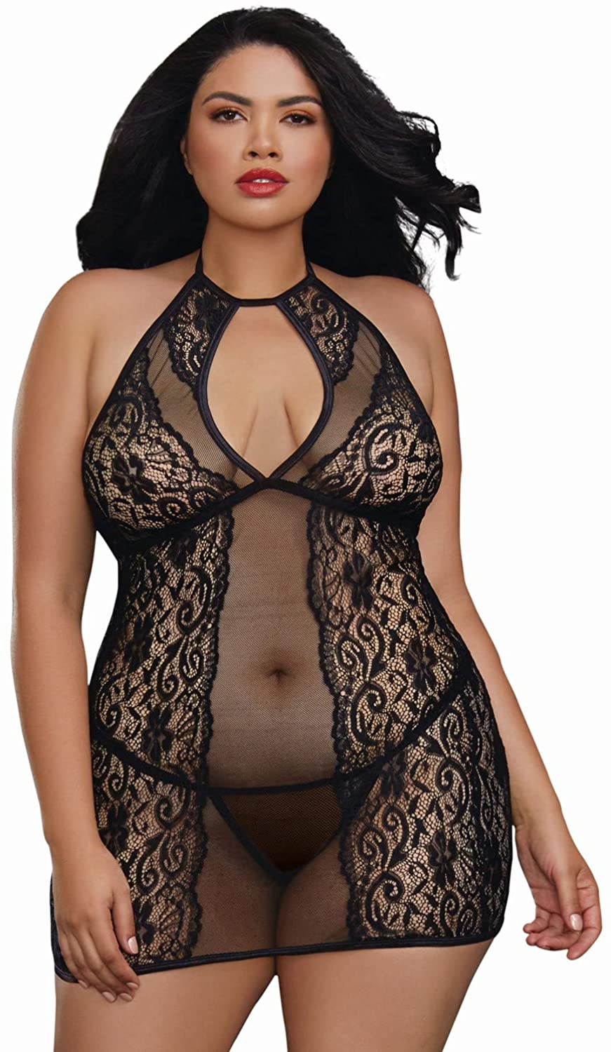 Price:$25.54 Women's Plus Baby Fishnet and Lace Halter Chemise with G-String, Black, One Size-Queen : Clothing, Shoes & Jewelry