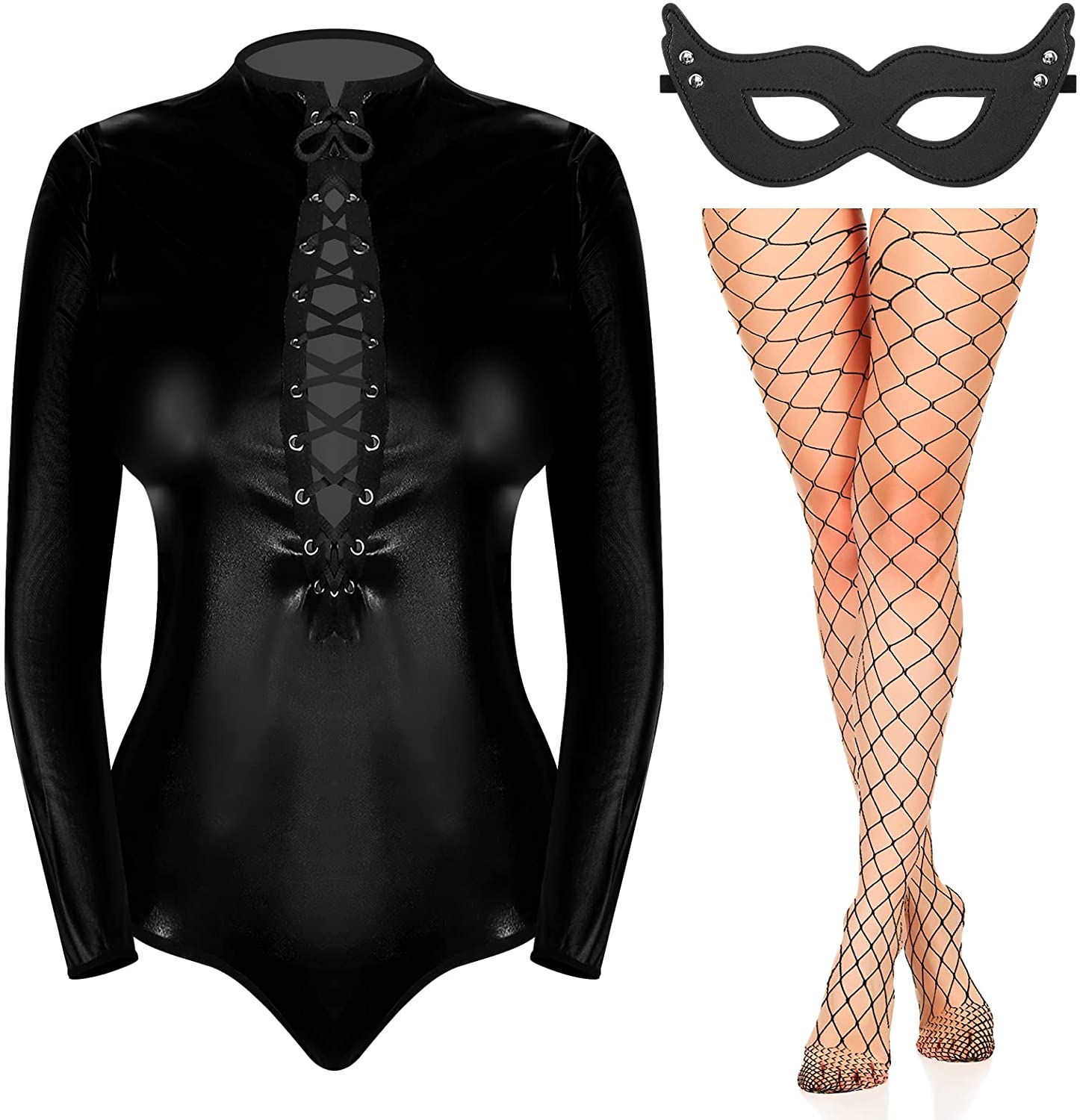 Price:$17.99 Sexy Leather Lingerie Bodysuits Leotard, Cat Eye Half Mask, Fishnet Sexy Stockings For Valentine's Day Dress Clubwear: Clothing, Shoes & Jewelry