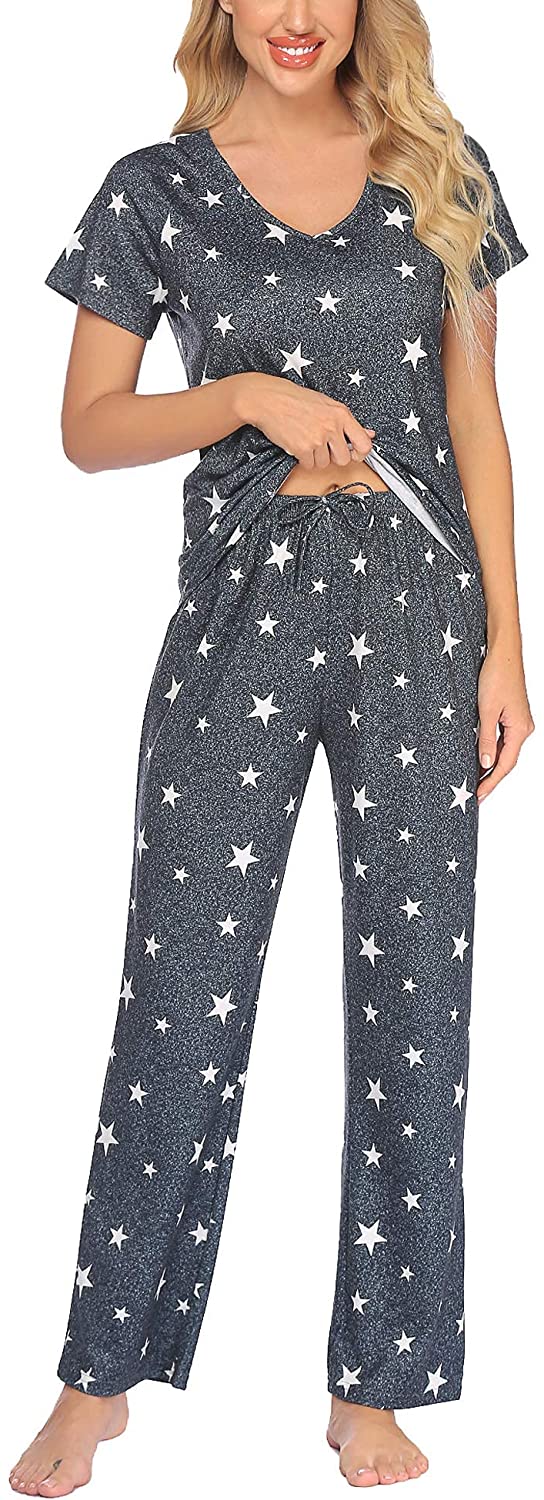 Price:$19.99 Women Pajama Sets V-Neck Short Sleeve Tops with Drawstring Pants Sleepwear Soft Pj Sets Nightwear at Amazon Women’s Clothing store