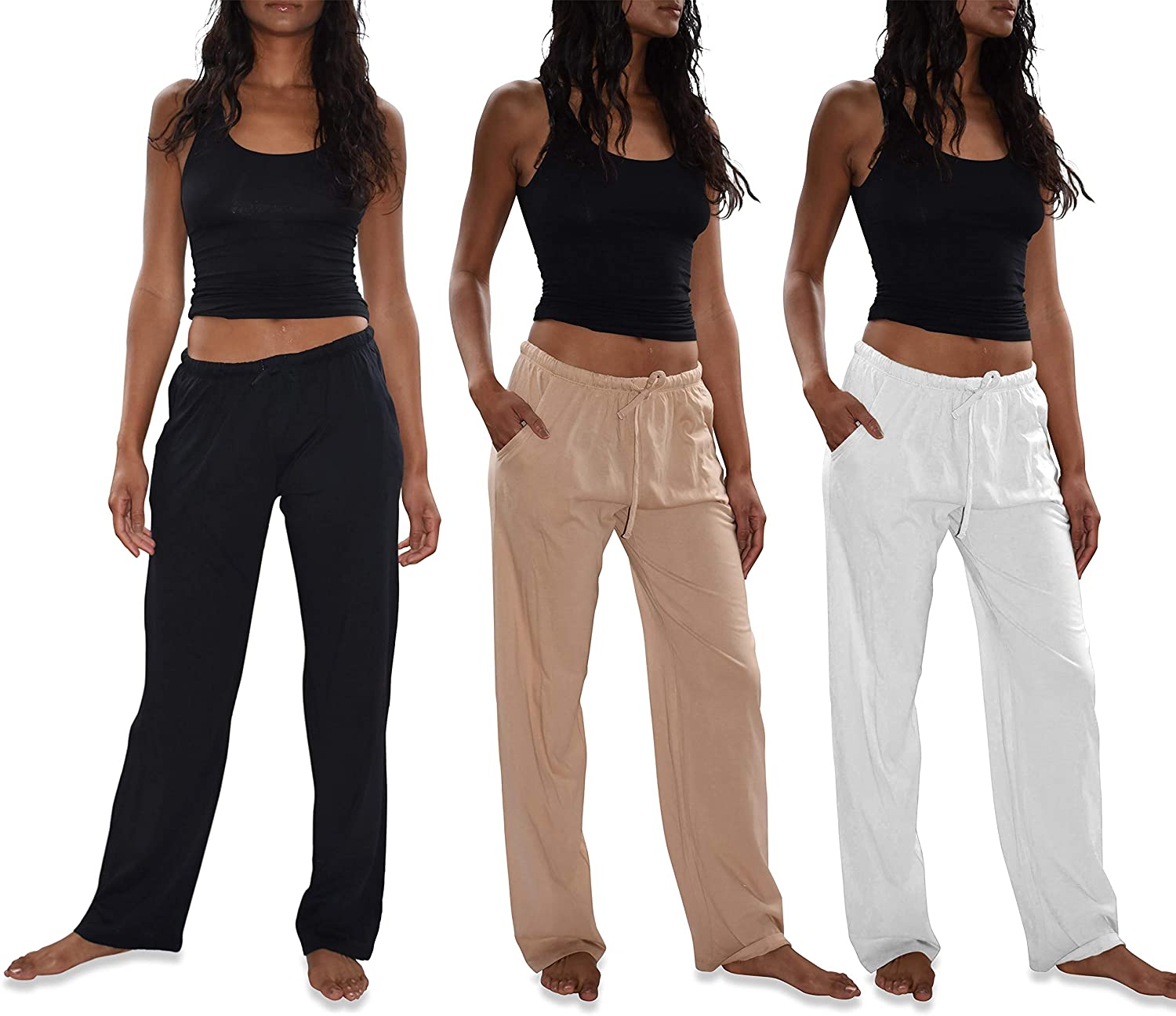 Price:$27.99 Basics Women's 3 Pack Soft Flex-Cotton Knit Pajama Pants/Lounge Pants/Sleep Pants at Amazon Women’s Clothing store