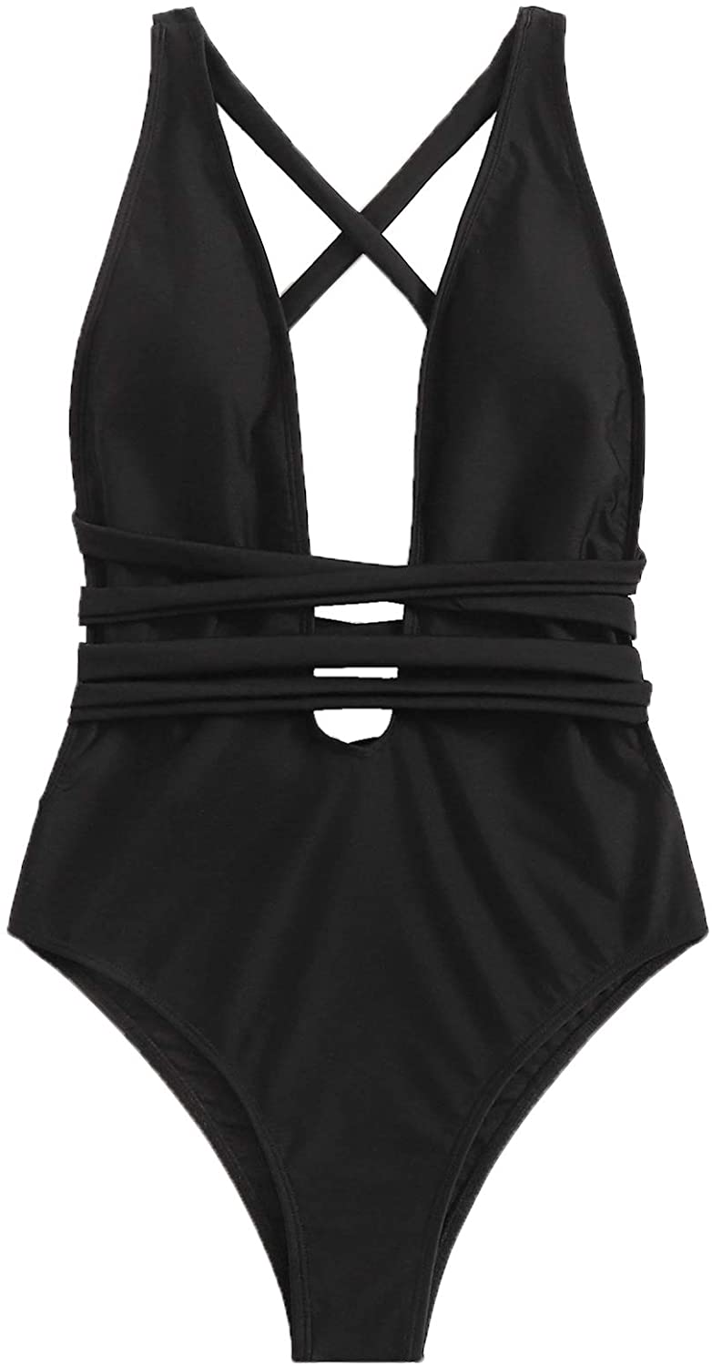 Price:$15.99 Women's Sexy Basic Criss Cross Tie Knot Front Deep V Open Back One Piece Swimwear at Amazon Women’s Clothing store
