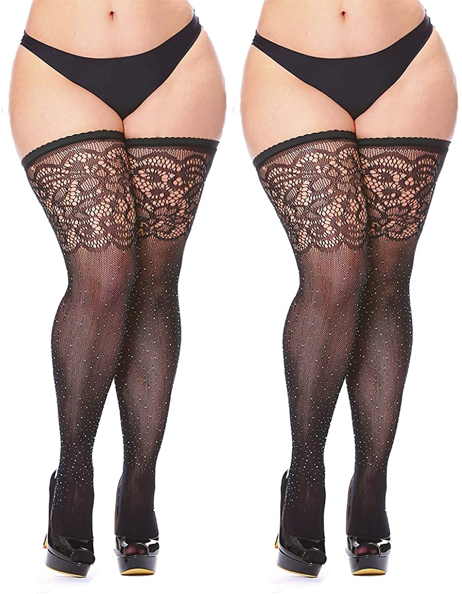Price:$11.80 Black Fishnet Thigh Highs Plus Size Stay-up Rhinestone Stocking 2 Pairs: Clothing, Shoes & Jewelry