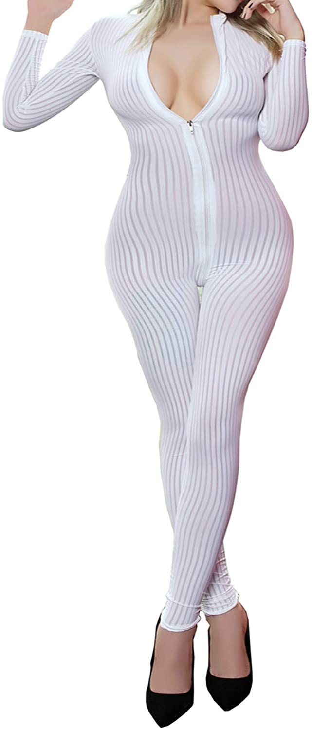 Price:$21.98 Stripe Double Zipper High Elastic Bodysuit Nightclub Performance Uniform at Amazon Women’s Clothing store