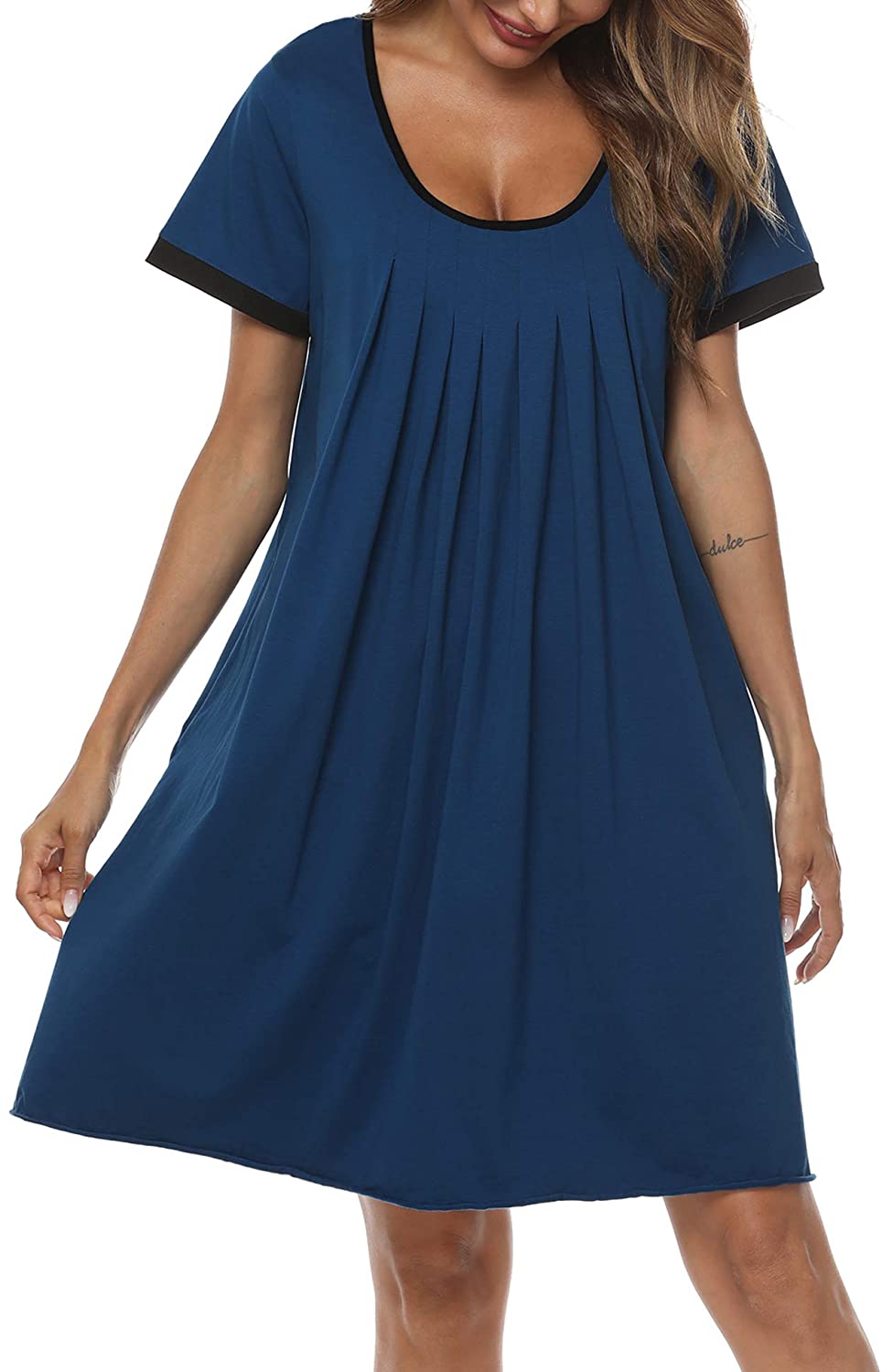 Price:$17.99 Women's Night Dress Short Sleeve Sleep Shirt Round Neck Sleepwear Cotton Pleated Nightwear Soft Nightgown S-XXL at Amazon Women’s Clothing store
