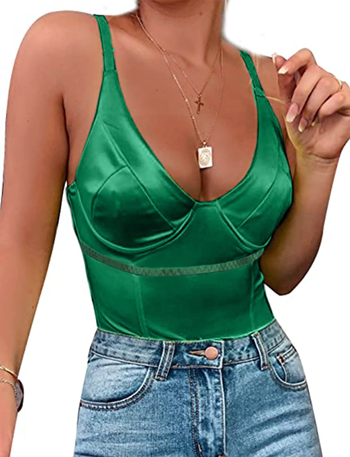 Price:$20.88 Neon Bodysuit for Women Teddy Sleeveless Sling Tops Satin Bodysuit Corset Bodysuit Top at Amazon Women’s Clothing store