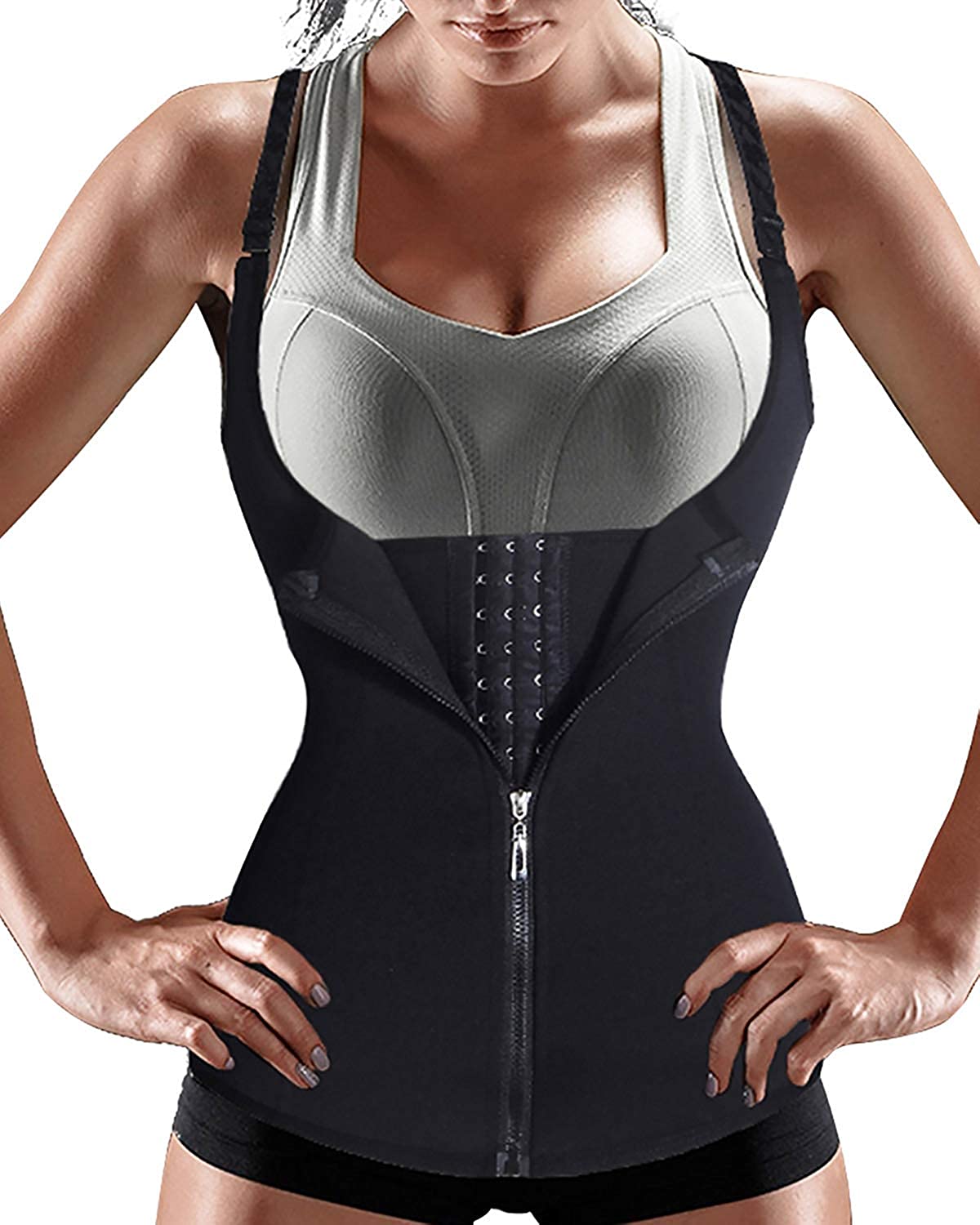 Price:$19.99 Women Waist Trainer Corset Zipper Vest Body Shaper Cincher Tank Top with Adjustable Straps at Amazon Women’s Clothing store
