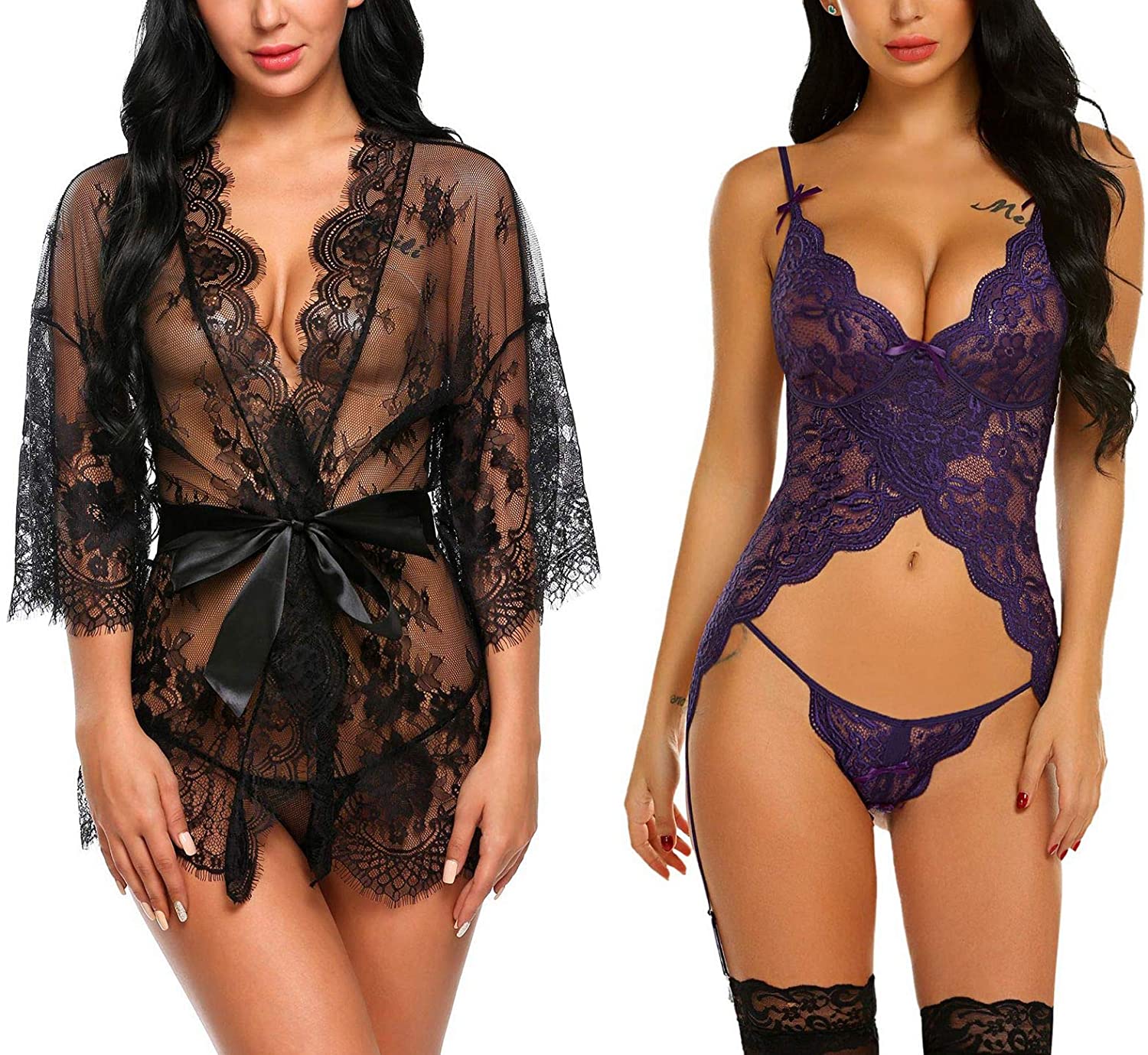 Price:$77.99 Women's Lace Kimono Robe Babydoll Chemise (Black,Large) and Lingerie Set with Garter (Purple,Large) at Amazon Women’s Clothing store