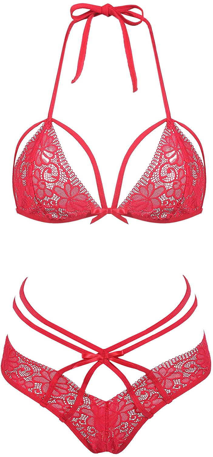 Price:$15.99 Womens Sexy Strappy Halter Lace Lingerie 2 Piece Bra and Panty Set: Clothing, Shoes & Jewelry