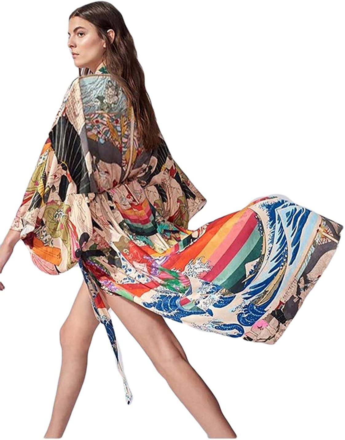 Price:$24.99 Women Ethnic Print Long Kimono Cardigan Sexy Open Front Swimsuit Cover Ups Swimwear with Belt at Amazon Women’s Clothing store