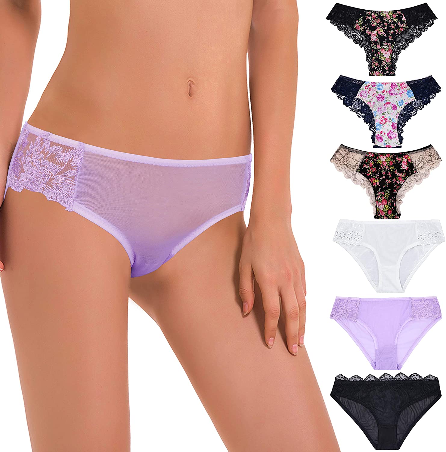Price:$19.98 Muse Pack of 4 or 6 Sexy Sheer Lace Tanga Hipster Bikini Panties at Amazon Women’s Clothing store
