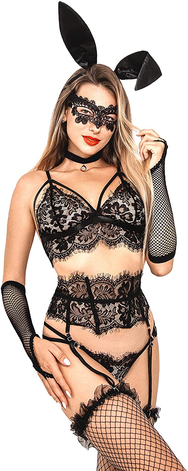 Price:$68.30 Women Sexy Garter Cosplay Costume 9-Piece French Luxury Lingerie | Bedroom Fun Set with Choker Bra Stockings Panty Wig: Clothing, Shoes & Jewelry