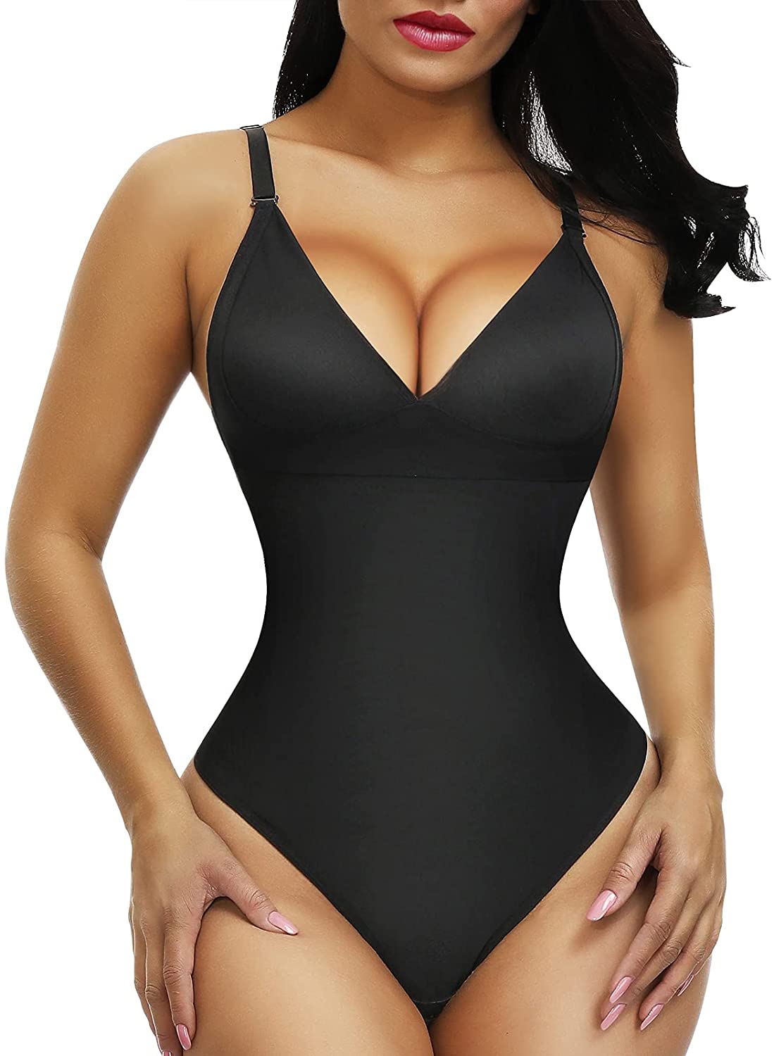Price:$45.99 Sexy Slimming Bodysuit Tummy Control Thong Shapewear Backless Body Shaper Deep V Neck at Amazon Women’s Clothing store