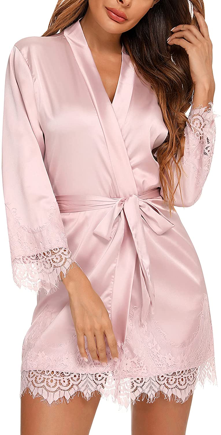 Price:$20.99 Women's Satin Kimono Robe Lace Trim Short Silky Bathrobe Bridesmaid Robes Dressing Gown at Amazon Women’s Clothing store
