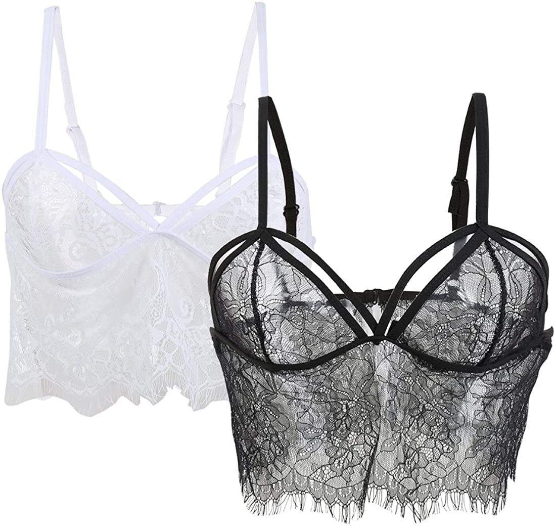 Price:$11.99 Women Sexy Lingerie Eyelash Lace Tank Crop Top Bra 2 Pack Medium White+Black at Amazon Women’s Clothing store