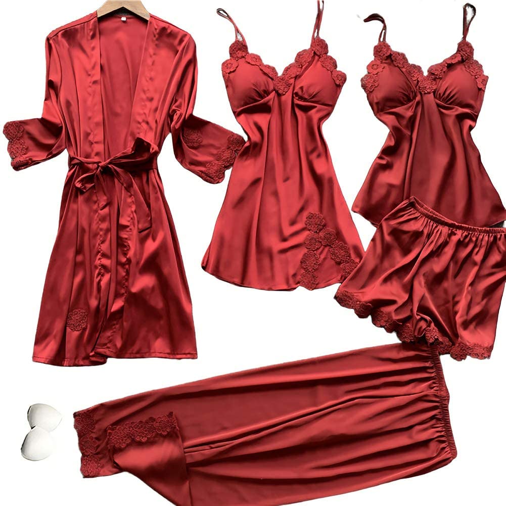 Price:$38.99 Women's 5pcs Silk Satin Pajama Set Sexy Cami Top Nightgown Lace Sleepwear Robe Sets Nightdress with Chest Pads at Amazon Women’s Clothing store