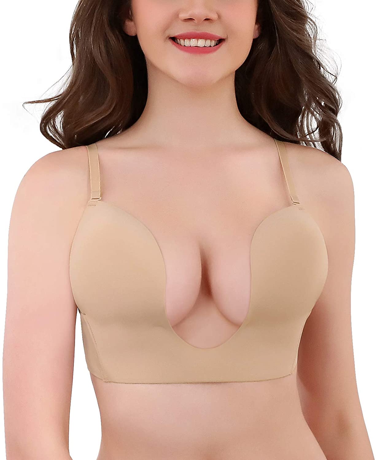 Price:$7.99 Women’s Sexy Deep U Plunge Bra Multi-Way Convertible Push Up Halter Low Back Bra at Amazon Women’s Clothing store