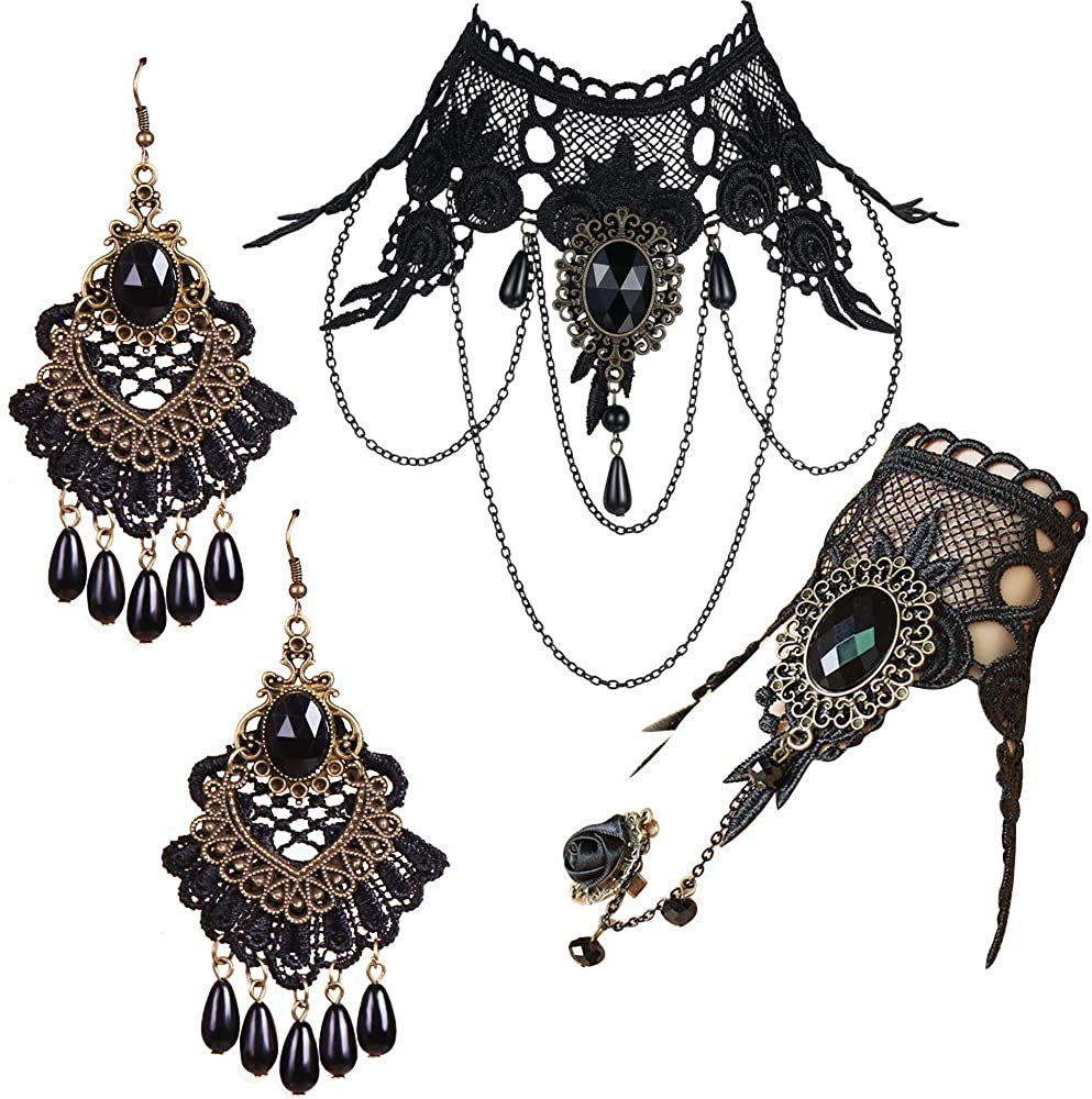 Price:$17.34 Choker Lace Necklace with Bracelet and Earrings Set - Punk Party Gothic Vintage Accessories for Women: Clothing, Shoes & Jewelry