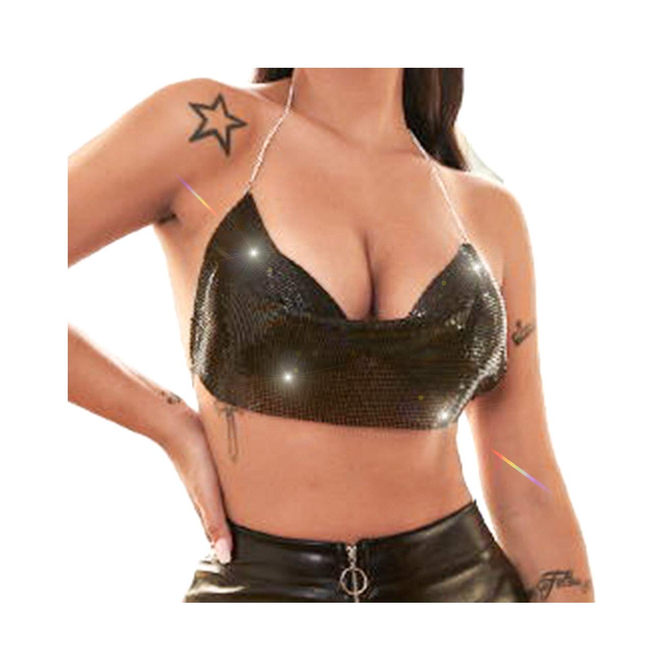 Price:$12.33 Sexy Body Chain Black Metallic Sequin Backless Halter Crop Top Adjustable Harness Bikini Chest Chain Nightclub Party Beach Rave Bra Jewelry Accessories for Women and Girls (black) : Clothing, Shoes & Jewelry