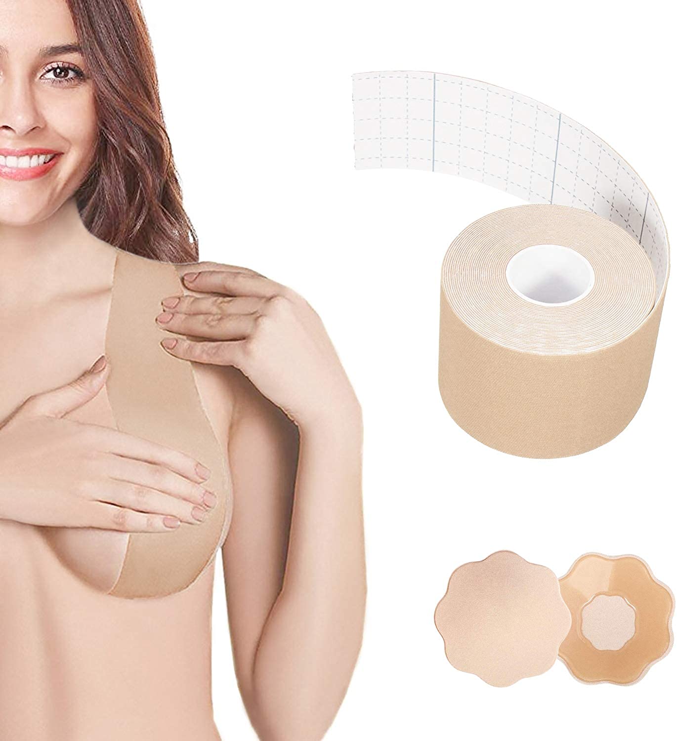Price:$9.99 Tape and 2 Pcs Nipple Covers, Breathable Breast Lift Tape Medical Grade Adhesive Bra for A-EF Cups at Amazon Women’s Clothing store