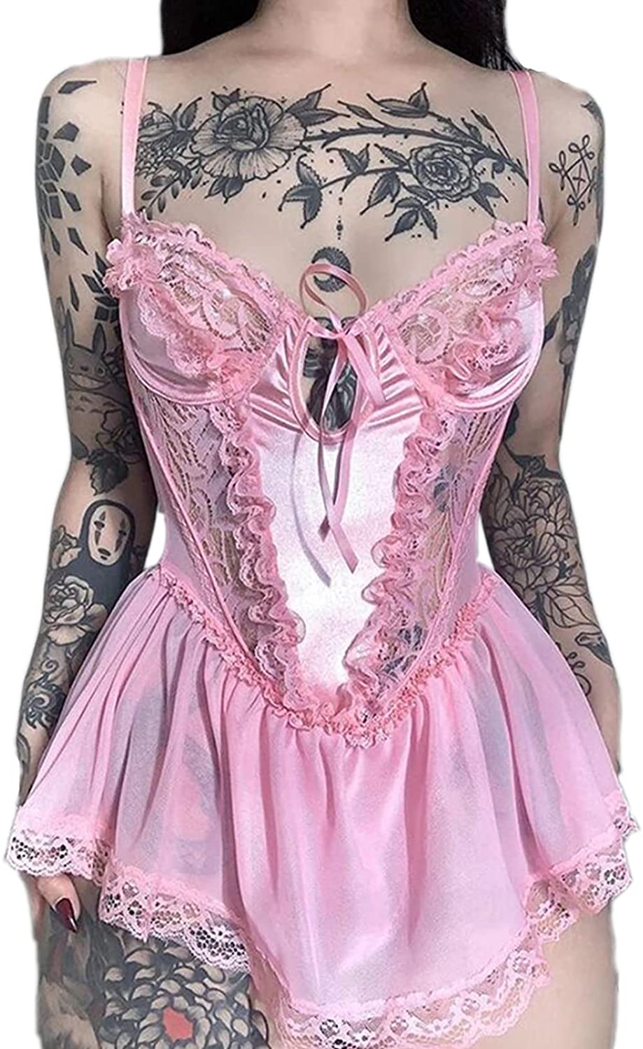 Price:$25.99 See Through Pink Lingerie for Nightwear Satin Sleepwear Lace Bodysuit One Piece Babydoll Mini Teddy at Amazon Women’s Clothing store