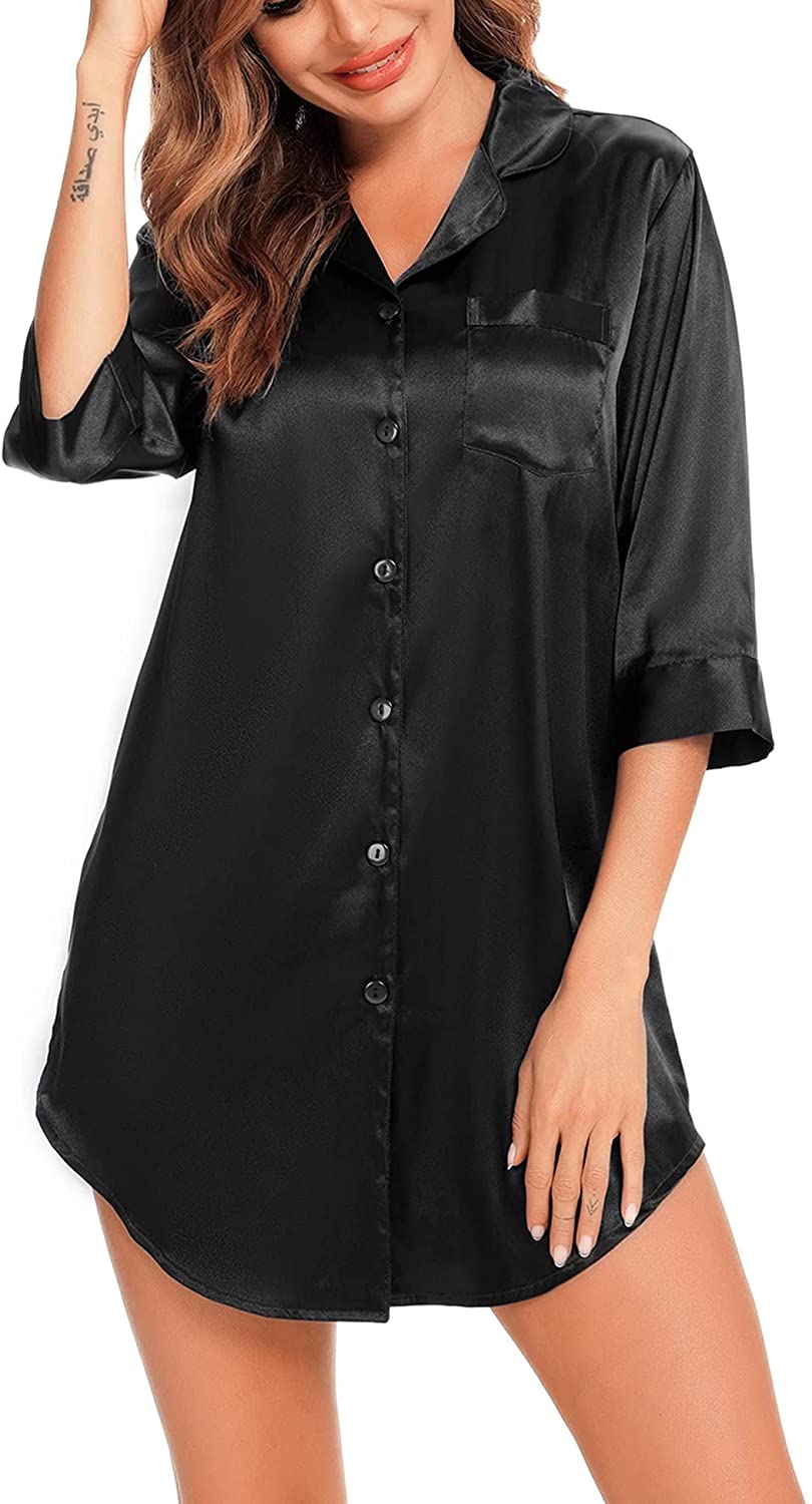Price:$18.99 Women's Satin Nightgown Button Down Sleepshirt 3/4 Sleeve Nightshirt Silk Pajama Top Notch Collar Sleepwear at Amazon Women’s Clothing store