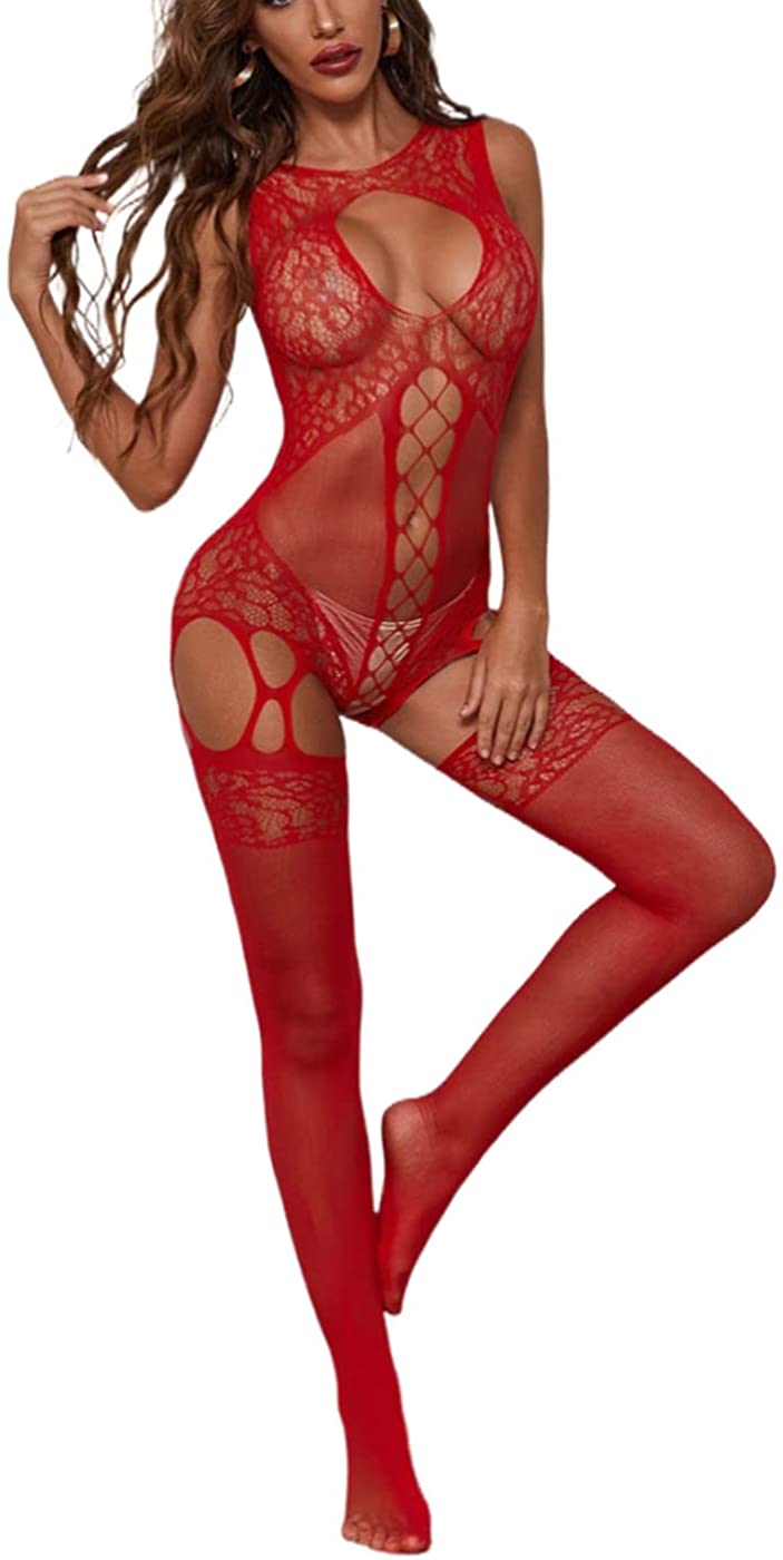 Price:$11.66 Strapless Mesh Fishnet Lingerie Thigh High Stockings Teddy Bodysuit Lace Babydoll Sexy Lingerie for Women (Red): Clothing, Shoes & Jewelry